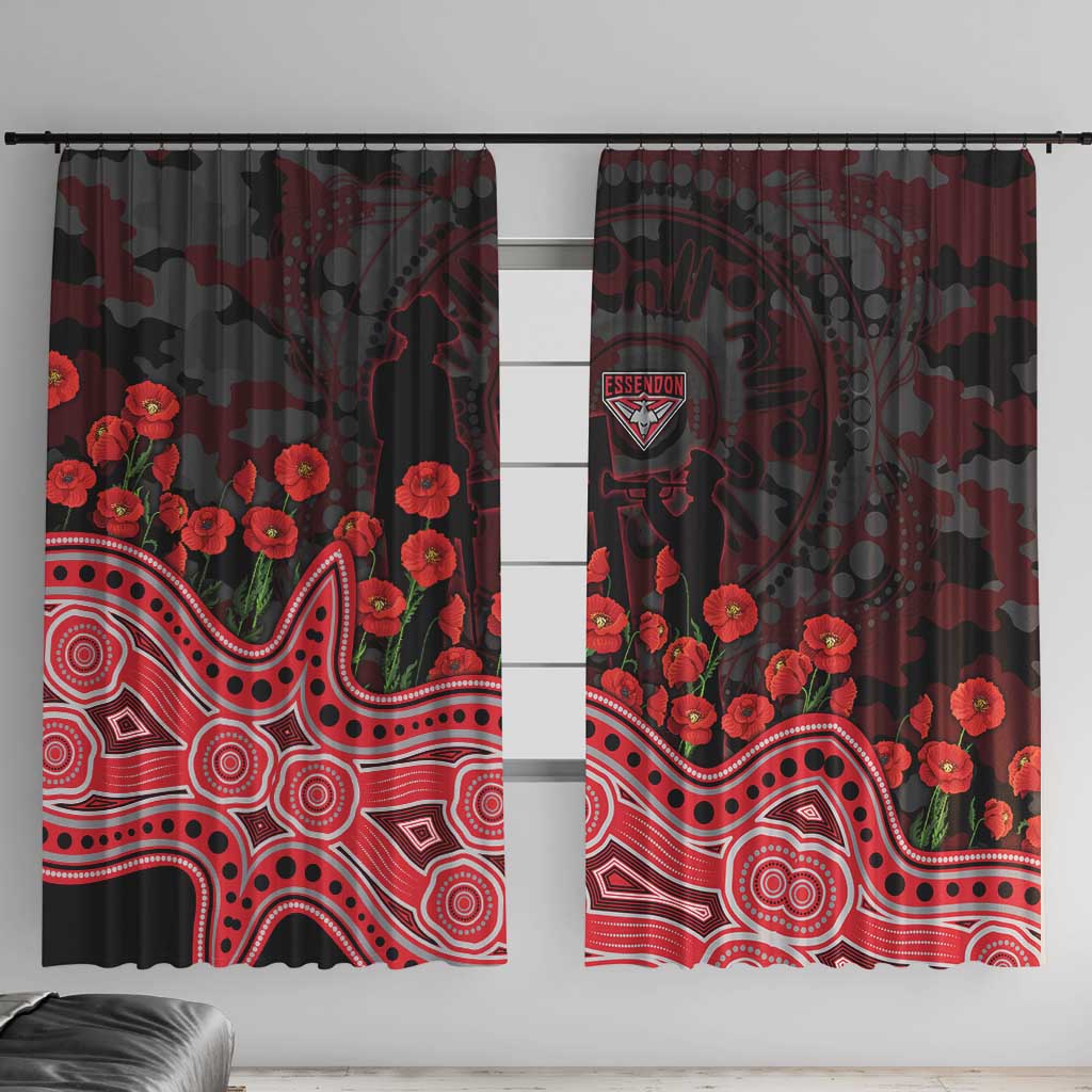 Essendon Bombers ANZAC Day Window Curtain Indigenous Dot Art with Poppy Flower Tribute
