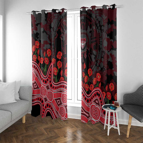 Essendon Bombers ANZAC Day Window Curtain Indigenous Dot Art with Poppy Flower Tribute