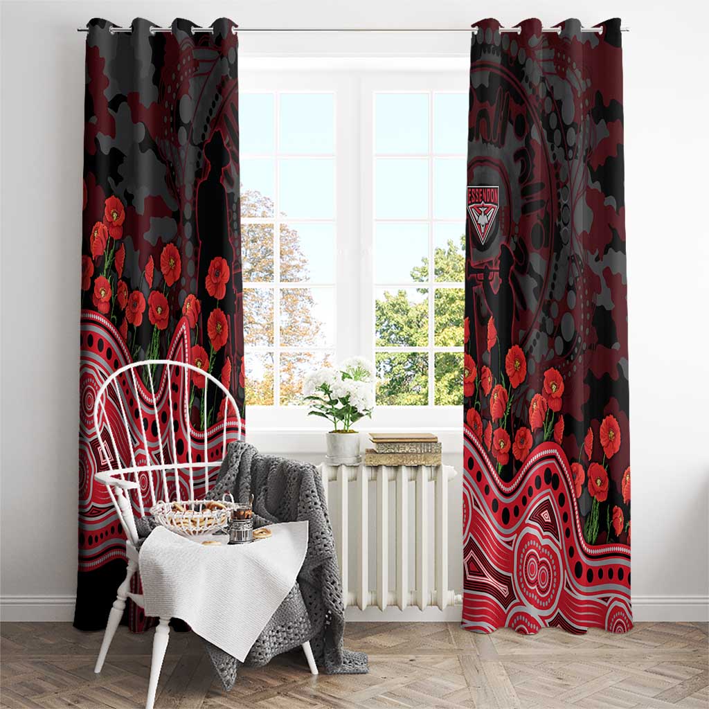 Essendon Bombers ANZAC Day Window Curtain Indigenous Dot Art with Poppy Flower Tribute