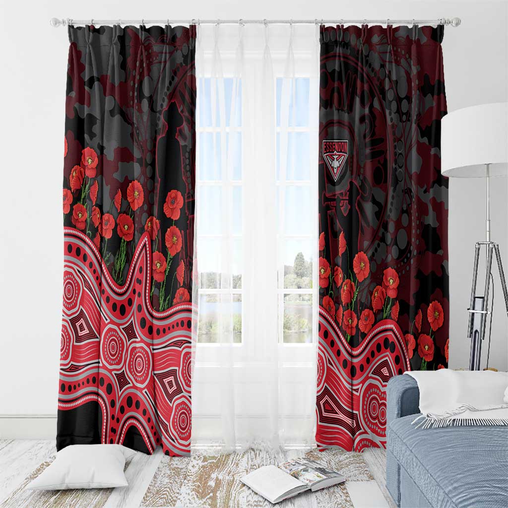 Essendon Bombers ANZAC Day Window Curtain Indigenous Dot Art with Poppy Flower Tribute