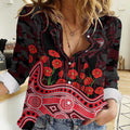 Essendon Bombers ANZAC Day Women Casual Shirt Indigenous Dot Art with Poppy Flower Tribute