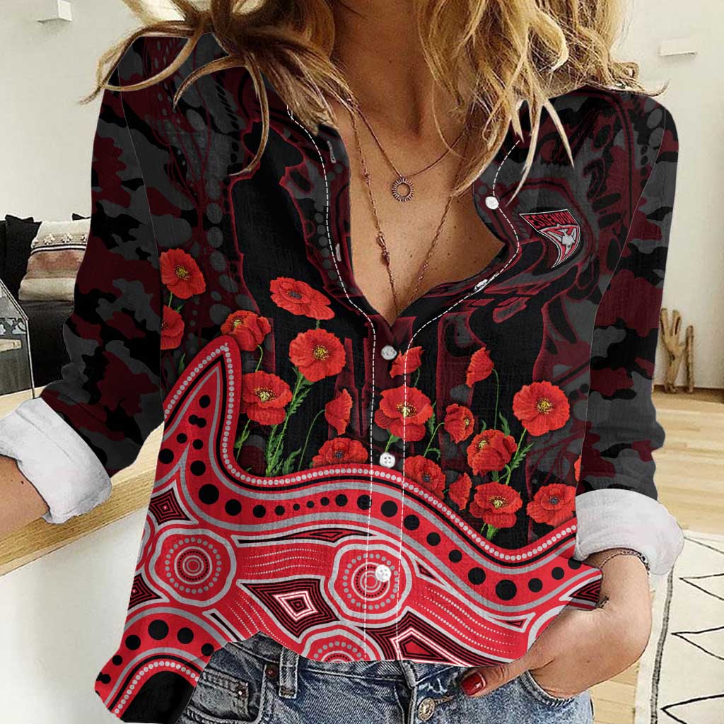 Essendon Bombers ANZAC Day Women Casual Shirt Indigenous Dot Art with Poppy Flower Tribute