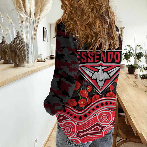 Essendon Bombers ANZAC Day Women Casual Shirt Indigenous Dot Art with Poppy Flower Tribute