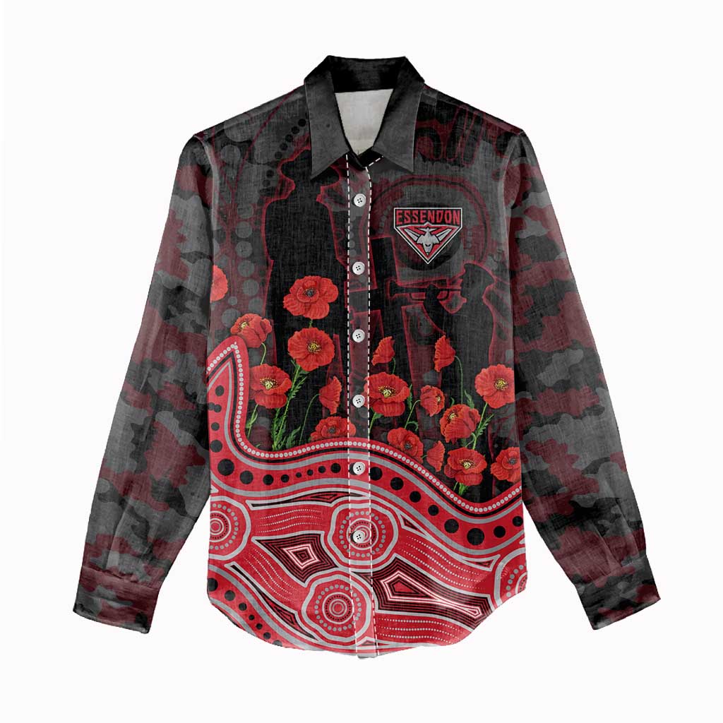 Essendon Bombers ANZAC Day Women Casual Shirt Indigenous Dot Art with Poppy Flower Tribute