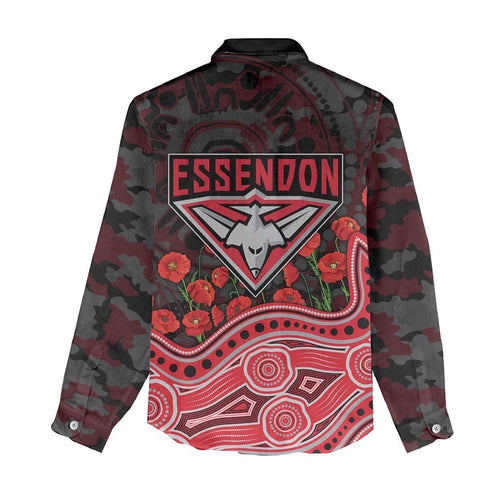 Essendon Bombers ANZAC Day Women Casual Shirt Indigenous Dot Art with Poppy Flower Tribute
