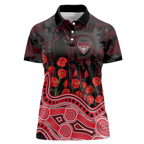 Essendon Bombers ANZAC Day Women Polo Shirt Indigenous Dot Art with Poppy Flower Tribute