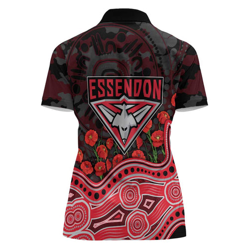 Essendon Bombers ANZAC Day Women Polo Shirt Indigenous Dot Art with Poppy Flower Tribute