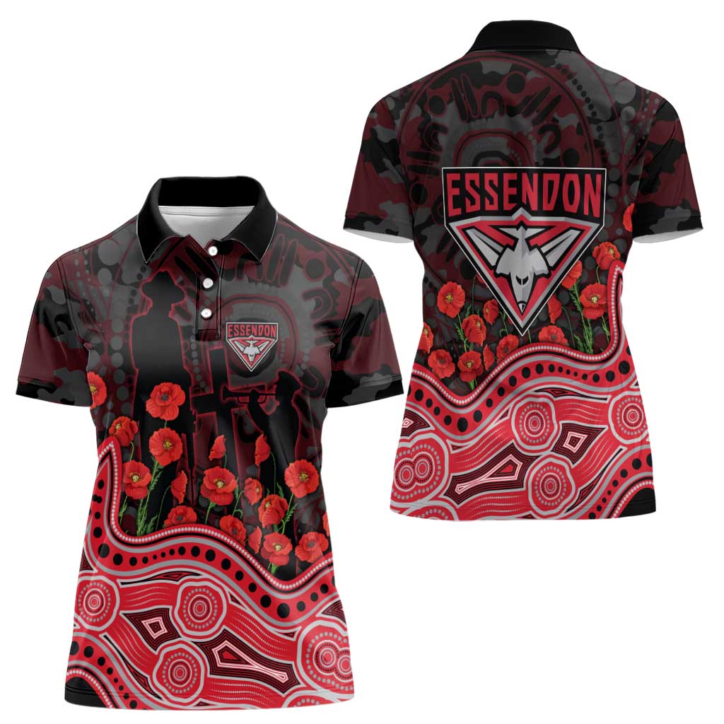 Essendon Bombers ANZAC Day Women Polo Shirt Indigenous Dot Art with Poppy Flower Tribute