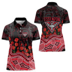 Essendon Bombers ANZAC Day Women Polo Shirt Indigenous Dot Art with Poppy Flower Tribute
