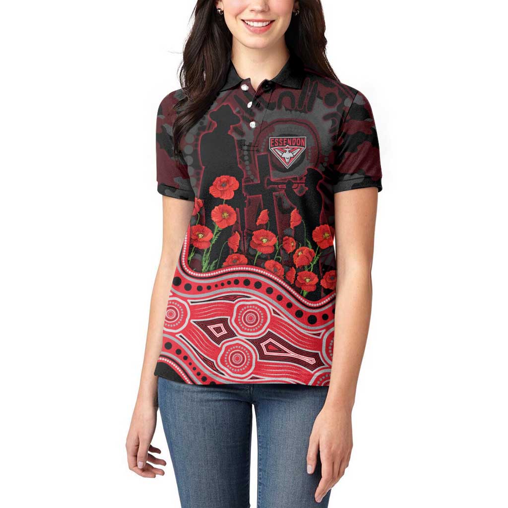 Essendon Bombers ANZAC Day Women Polo Shirt Indigenous Dot Art with Poppy Flower Tribute