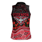 Essendon Bombers ANZAC Day Women Sleeveless Polo Shirt Indigenous Dot Art with Poppy Flower Tribute