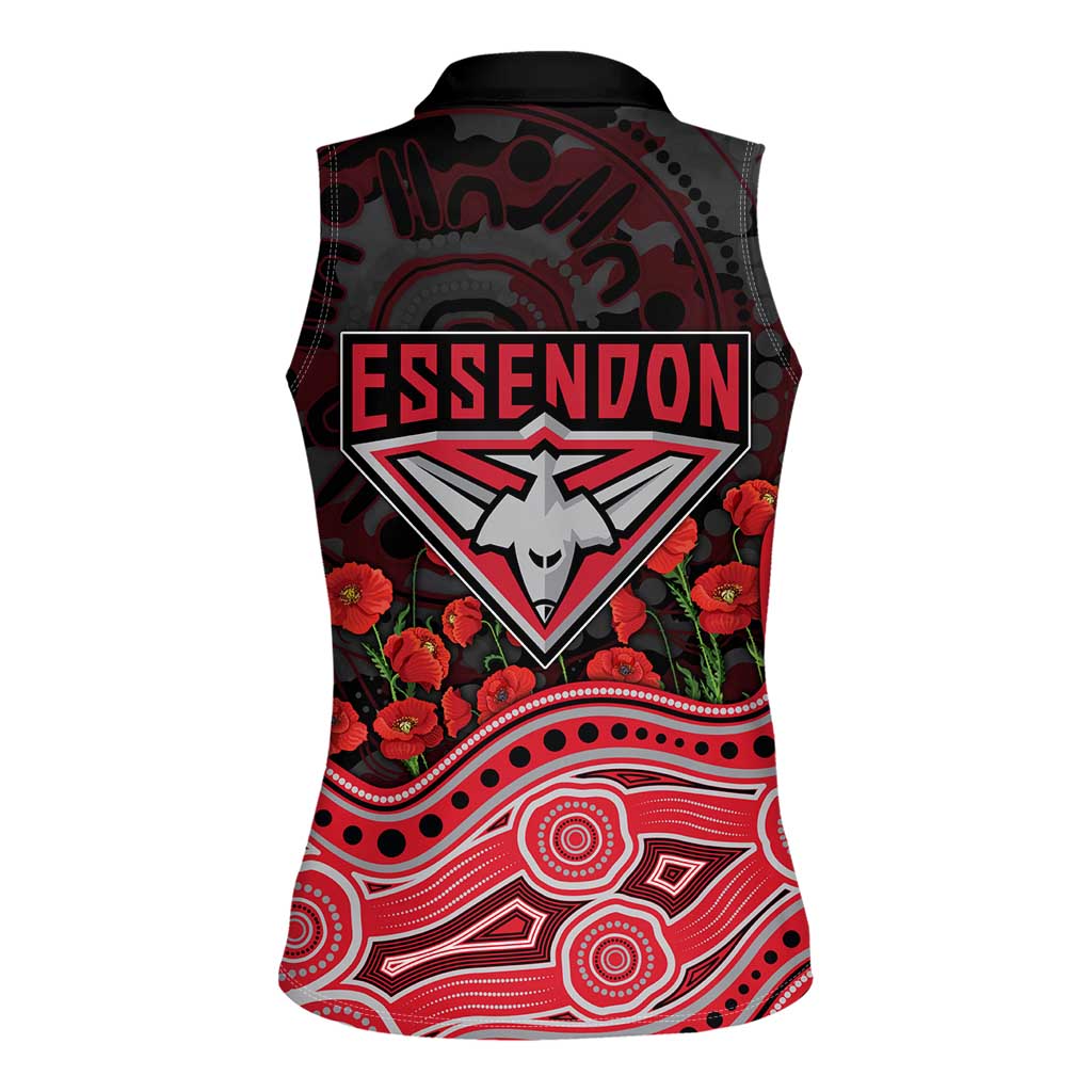 Essendon Bombers ANZAC Day Women Sleeveless Polo Shirt Indigenous Dot Art with Poppy Flower Tribute