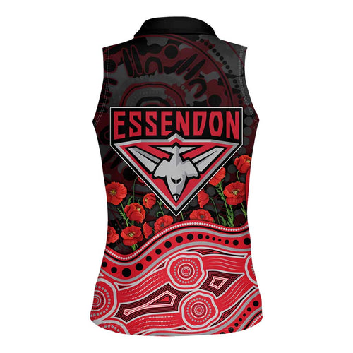 Essendon Bombers ANZAC Day Women Sleeveless Polo Shirt Indigenous Dot Art with Poppy Flower Tribute