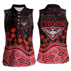 Essendon Bombers ANZAC Day Women Sleeveless Polo Shirt Indigenous Dot Art with Poppy Flower Tribute