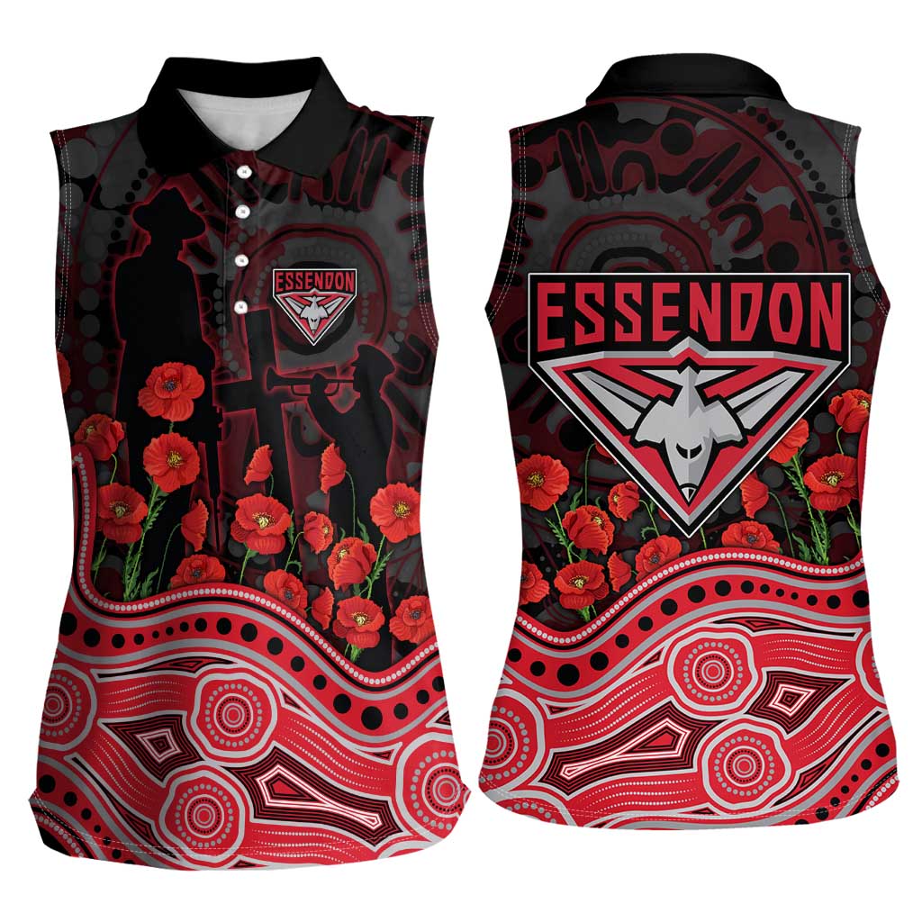 Essendon Bombers ANZAC Day Women Sleeveless Polo Shirt Indigenous Dot Art with Poppy Flower Tribute