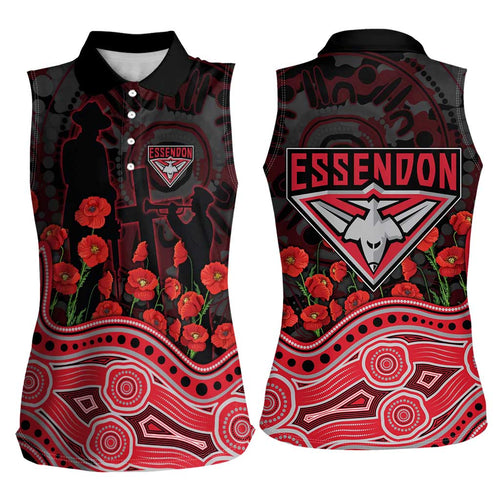 Essendon Bombers ANZAC Day Women Sleeveless Polo Shirt Indigenous Dot Art with Poppy Flower Tribute