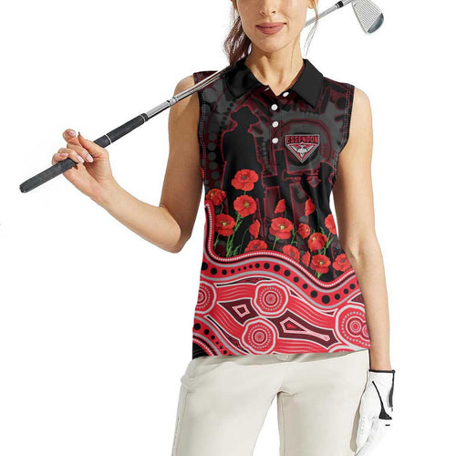 Essendon Bombers ANZAC Day Women Sleeveless Polo Shirt Indigenous Dot Art with Poppy Flower Tribute