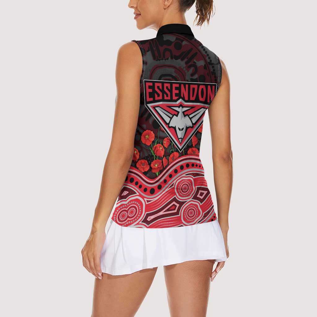 Essendon Bombers ANZAC Day Women Sleeveless Polo Shirt Indigenous Dot Art with Poppy Flower Tribute