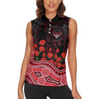 Essendon Bombers ANZAC Day Women Sleeveless Polo Shirt Indigenous Dot Art with Poppy Flower Tribute