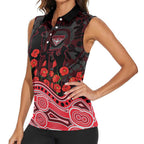 Essendon Bombers ANZAC Day Women Sleeveless Polo Shirt Indigenous Dot Art with Poppy Flower Tribute