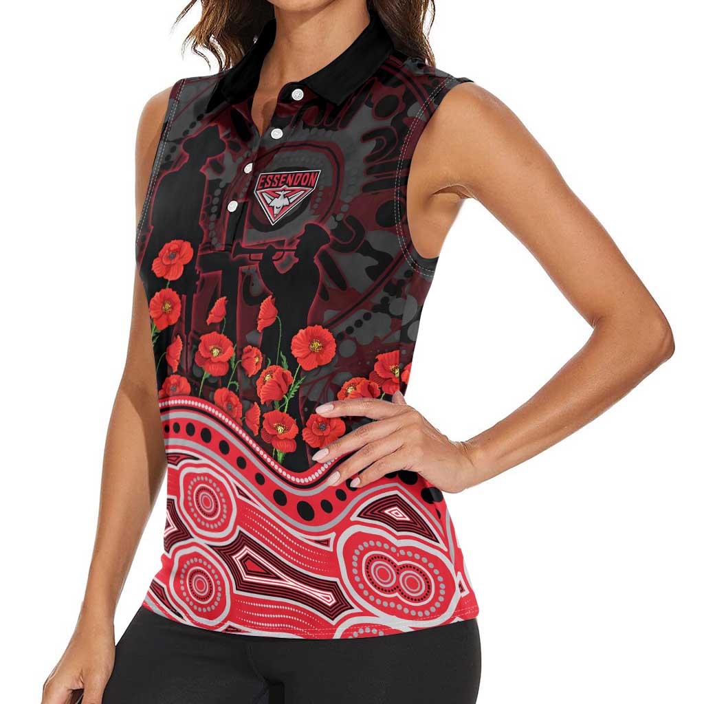 Essendon Bombers ANZAC Day Women Sleeveless Polo Shirt Indigenous Dot Art with Poppy Flower Tribute
