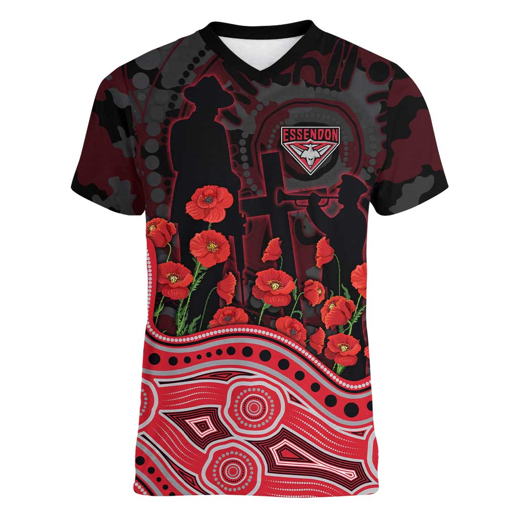 Essendon Bombers ANZAC Day Women V-Neck T-Shirt Indigenous Dot Art with Poppy Flower Tribute