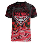 Essendon Bombers ANZAC Day Women V-Neck T-Shirt Indigenous Dot Art with Poppy Flower Tribute