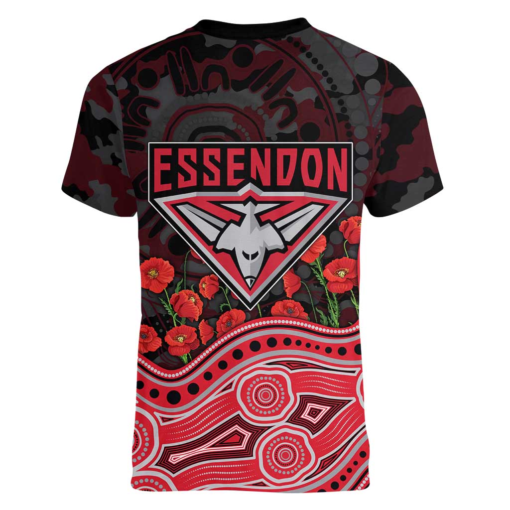 Essendon Bombers ANZAC Day Women V-Neck T-Shirt Indigenous Dot Art with Poppy Flower Tribute