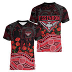 Essendon Bombers ANZAC Day Women V-Neck T-Shirt Indigenous Dot Art with Poppy Flower Tribute