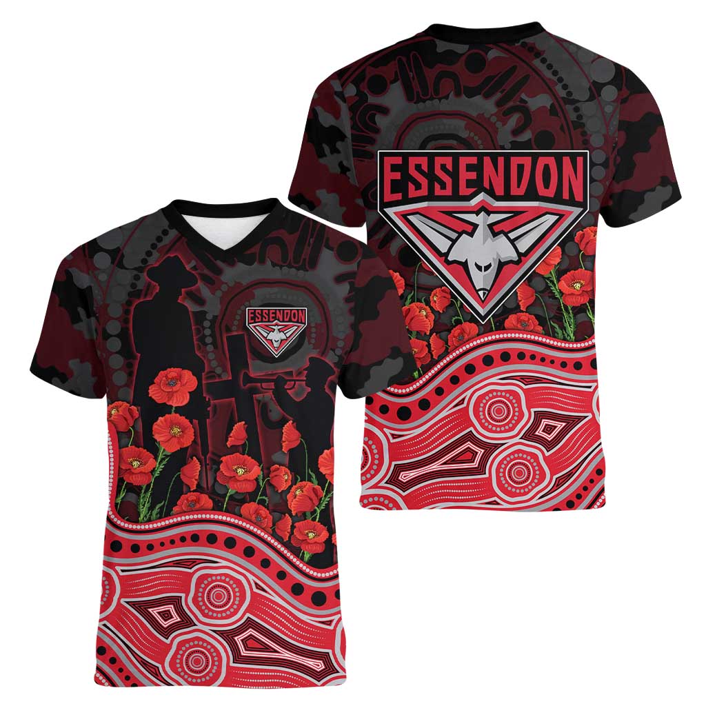 Essendon Bombers ANZAC Day Women V-Neck T-Shirt Indigenous Dot Art with Poppy Flower Tribute