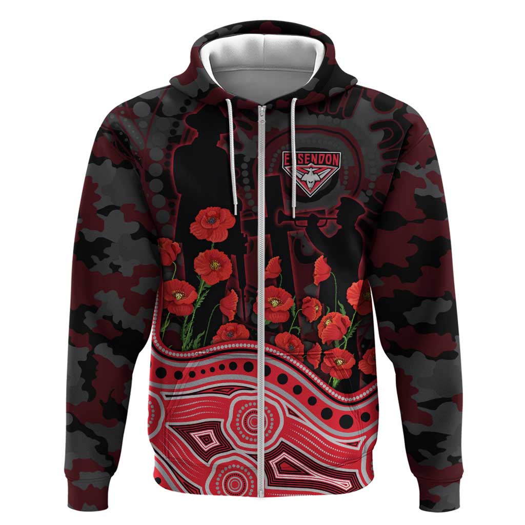 Essendon Bombers ANZAC Day Zip Hoodie Indigenous Dot Art with Poppy Flower Tribute