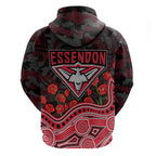 Essendon Bombers ANZAC Day Zip Hoodie Indigenous Dot Art with Poppy Flower Tribute