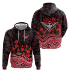 Essendon Bombers ANZAC Day Zip Hoodie Indigenous Dot Art with Poppy Flower Tribute