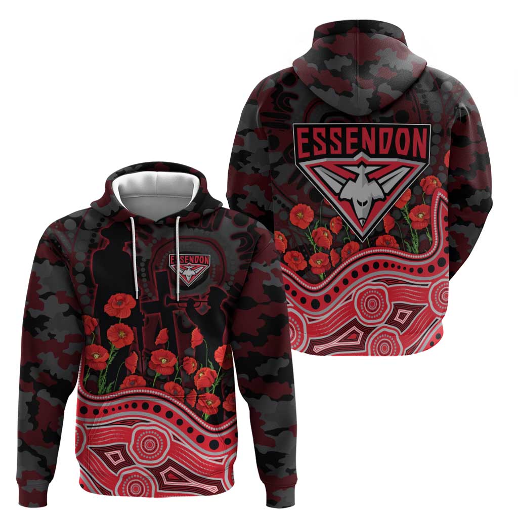 Essendon Bombers ANZAC Day Zip Hoodie Indigenous Dot Art with Poppy Flower Tribute