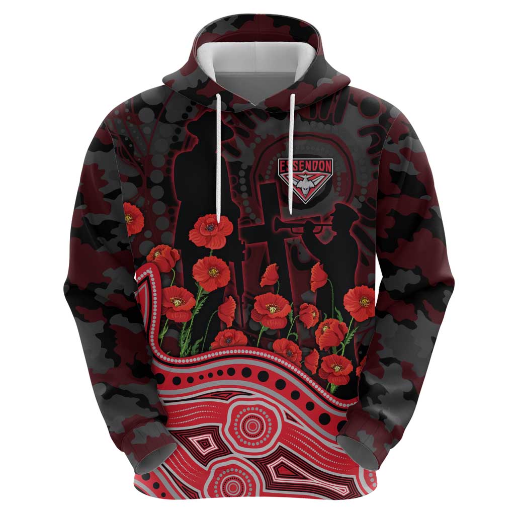 Essendon Bombers ANZAC Day Zip Hoodie Indigenous Dot Art with Poppy Flower Tribute