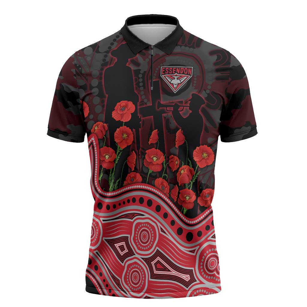 Essendon Bombers ANZAC Day Zipper Polo Shirt Indigenous Dot Art with Poppy Flower Tribute