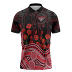 Essendon Bombers ANZAC Day Zipper Polo Shirt Indigenous Dot Art with Poppy Flower Tribute