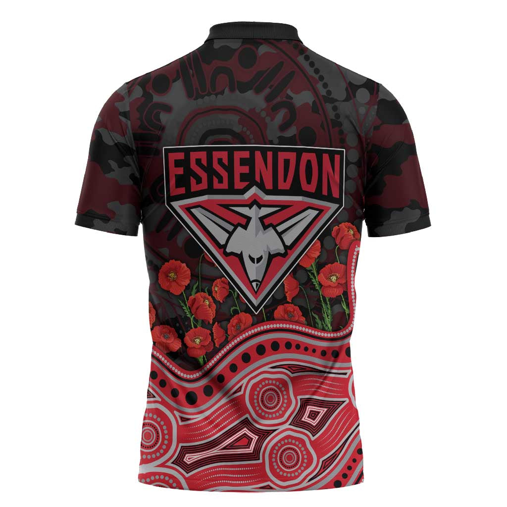 Essendon Bombers ANZAC Day Zipper Polo Shirt Indigenous Dot Art with Poppy Flower Tribute