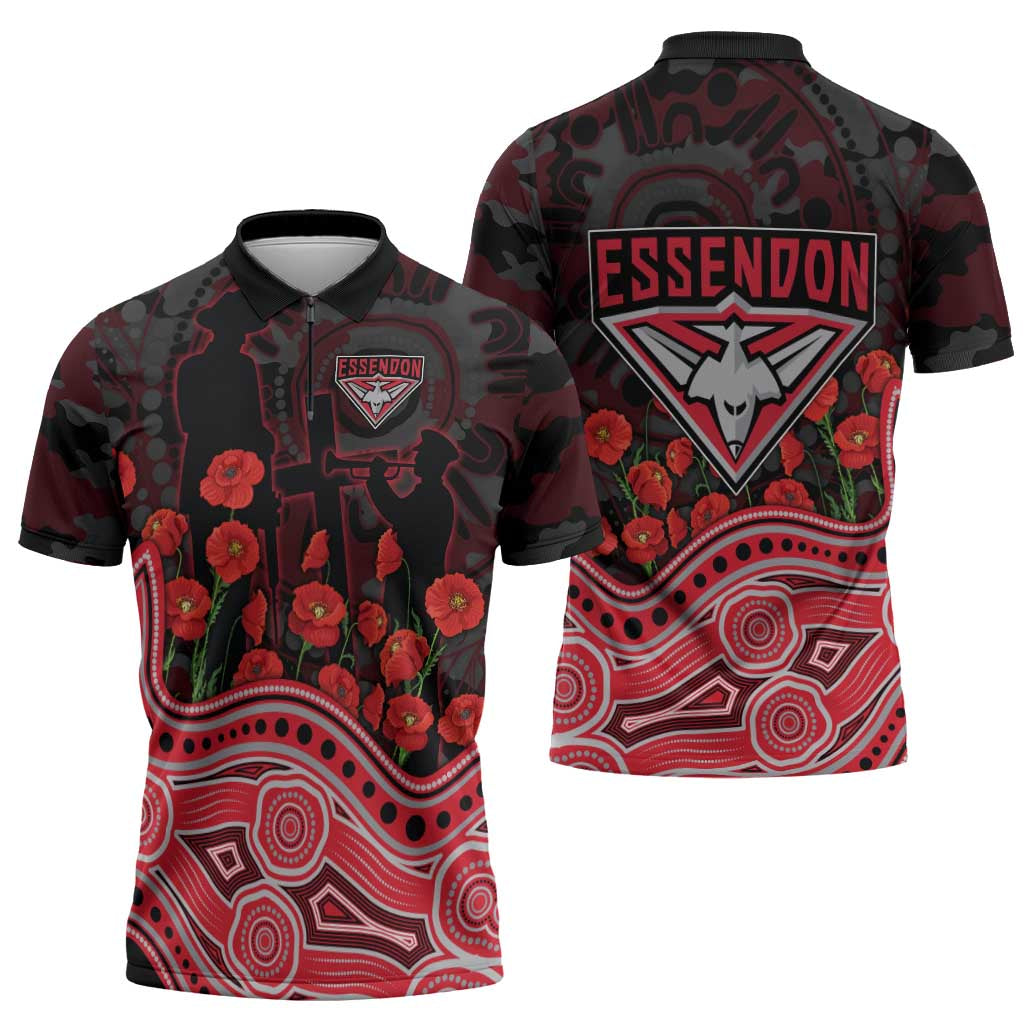 Essendon Bombers ANZAC Day Zipper Polo Shirt Indigenous Dot Art with Poppy Flower Tribute