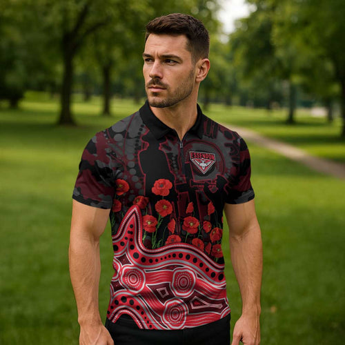 Essendon Bombers ANZAC Day Zipper Polo Shirt Indigenous Dot Art with Poppy Flower Tribute