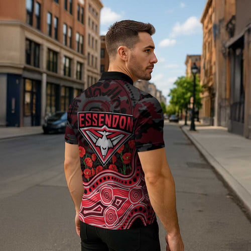 Essendon Bombers ANZAC Day Zipper Polo Shirt Indigenous Dot Art with Poppy Flower Tribute