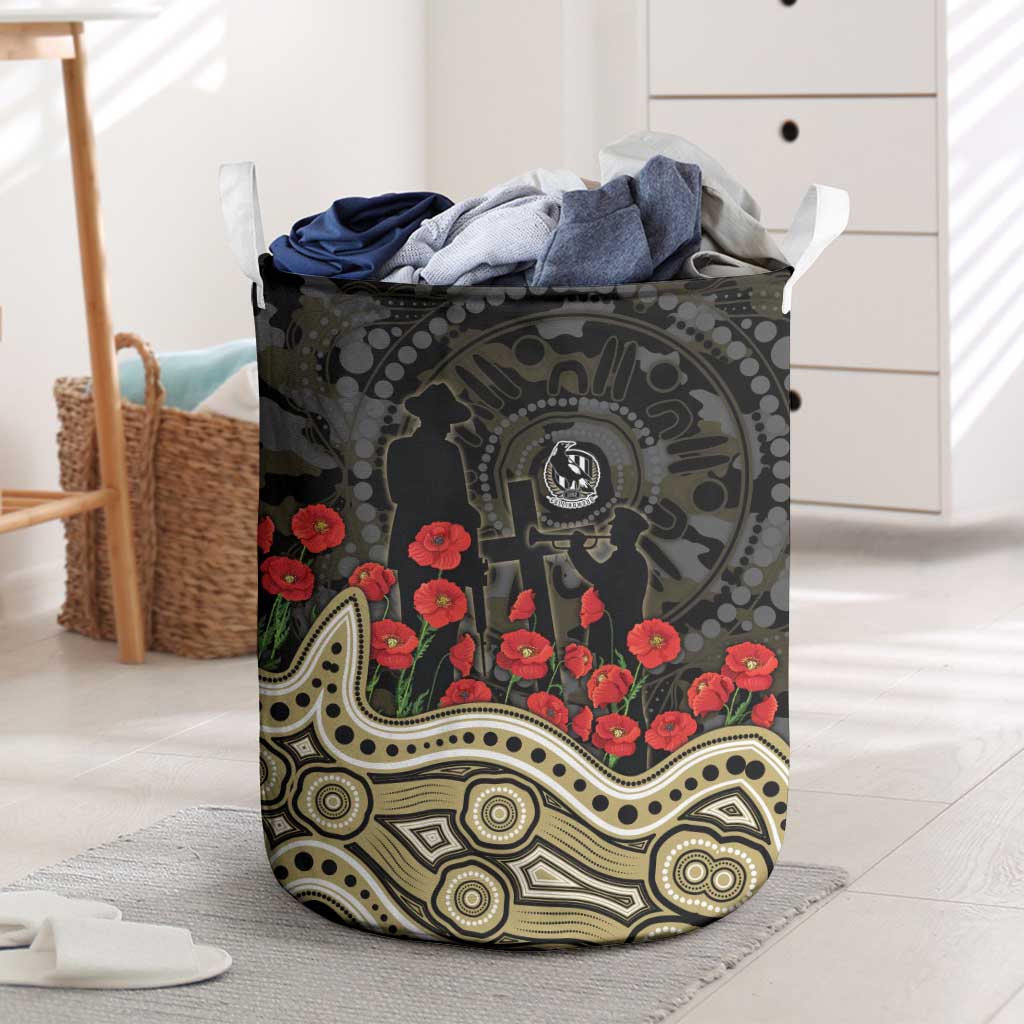 Collingwood Magpies ANZAC Day Laundry Basket Indigenous Dot Art with Poppy Flower Tribute