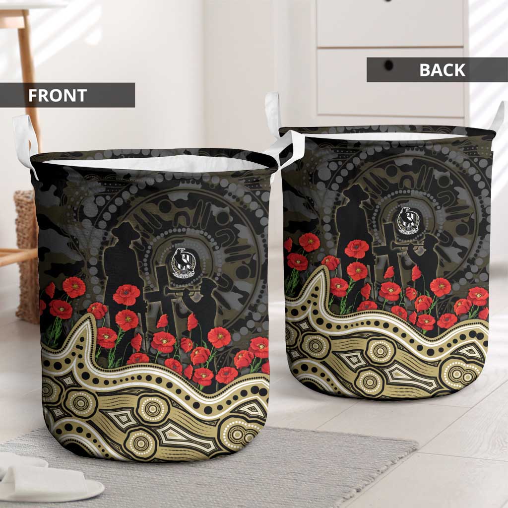 Collingwood Magpies ANZAC Day Laundry Basket Indigenous Dot Art with Poppy Flower Tribute