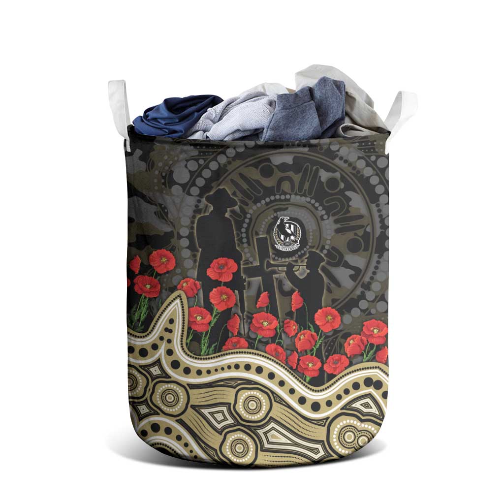 Collingwood Magpies ANZAC Day Laundry Basket Indigenous Dot Art with Poppy Flower Tribute