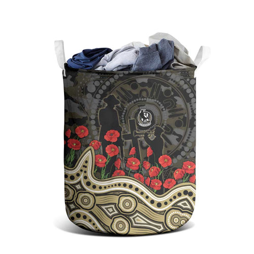 Collingwood Magpies ANZAC Day Laundry Basket Indigenous Dot Art with Poppy Flower Tribute