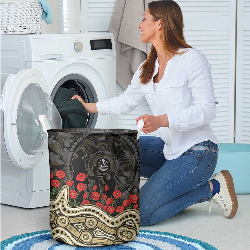 Collingwood Magpies ANZAC Day Laundry Basket Indigenous Dot Art with Poppy Flower Tribute