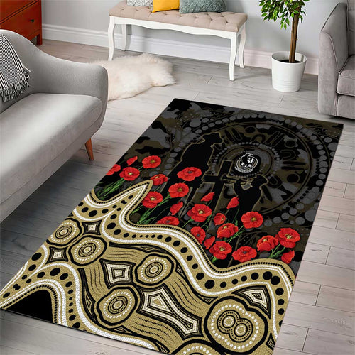 Collingwood Magpies ANZAC Day Area Rug Indigenous Dot Art with Poppy Flower Tribute