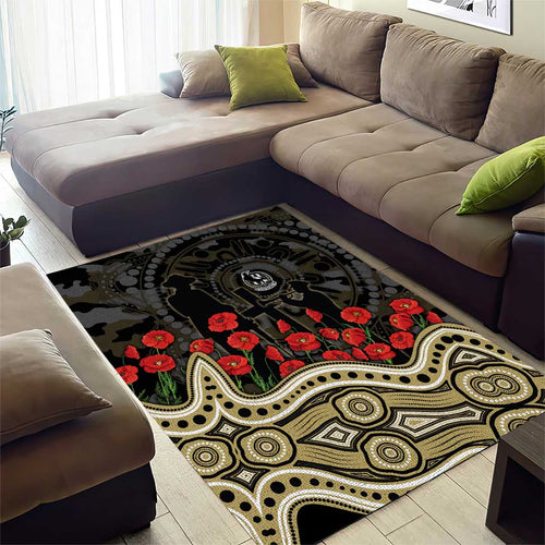 Collingwood Magpies ANZAC Day Area Rug Indigenous Dot Art with Poppy Flower Tribute