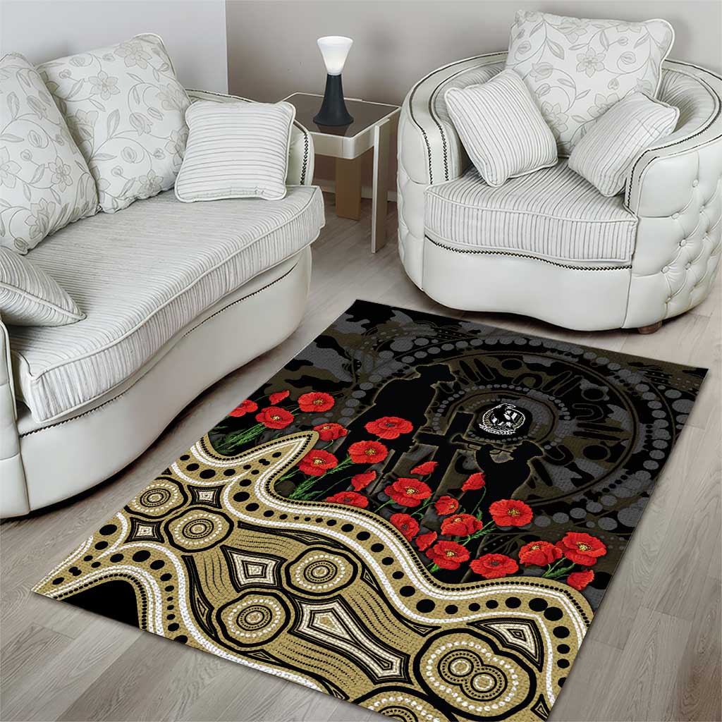 Collingwood Magpies ANZAC Day Area Rug Indigenous Dot Art with Poppy Flower Tribute
