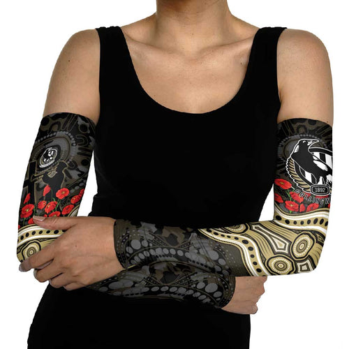 Collingwood Magpies ANZAC Day Arm Sleeves Indigenous Dot Art with Poppy Flower Tribute